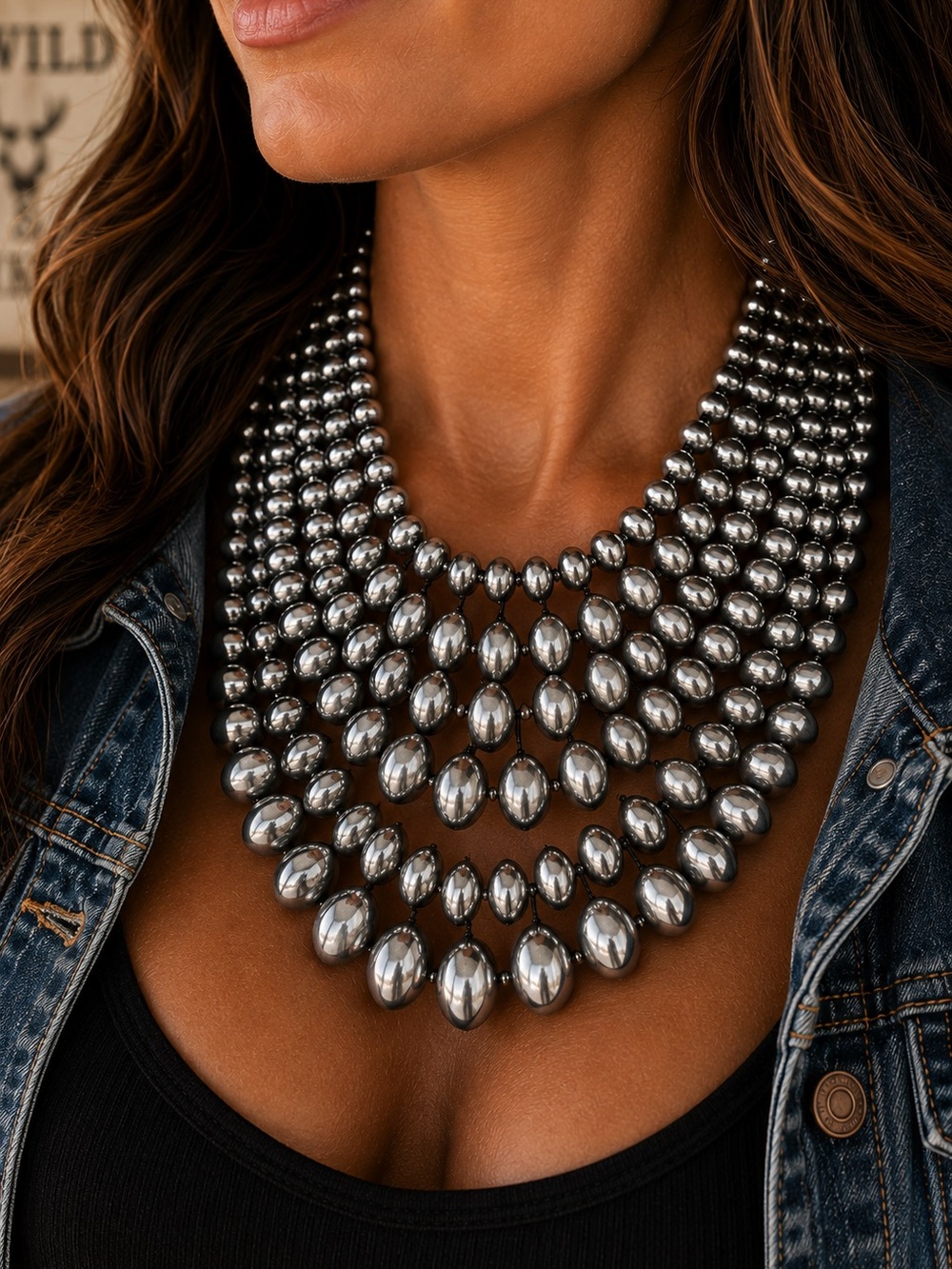 Western 7 Strand Faux Navajo Pearl Style Chunky Collar Necklace NWT - Picture 4 of 4